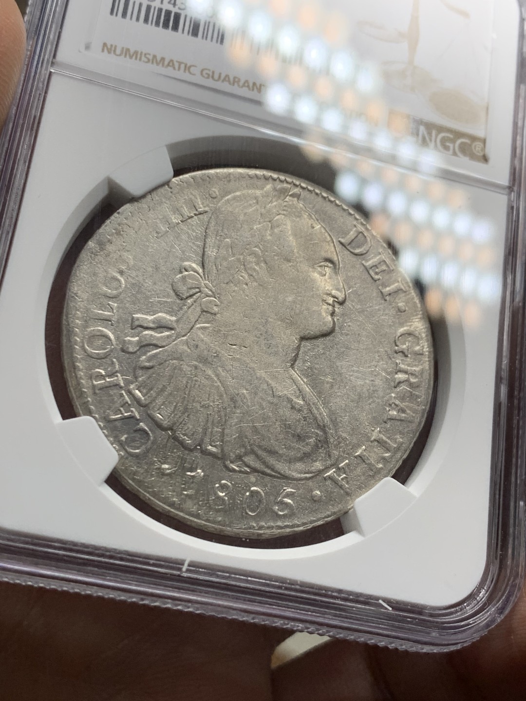 《竞宝斋》第36场-本周日 （全场顺丰包邮） NGC评级 墨西哥 1805年 卡四 8R 双柱 银币 原味细节不错