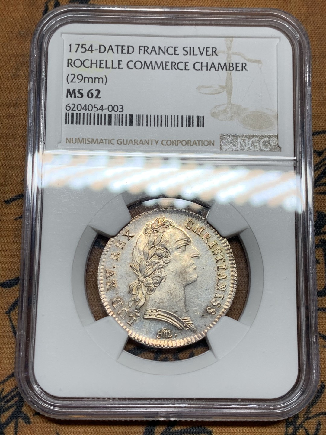 《竞宝斋》第36场-本周日 （全场顺丰包邮） NGC-MS62法国1754年路易十五年银代币 早期代币出分少见