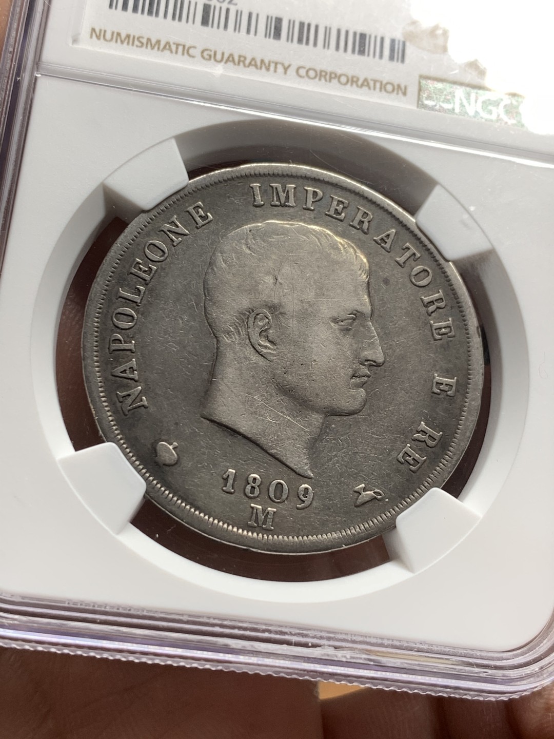 《竞宝斋》第36场-本周日 （全场顺丰包邮） NGC-VF 意大利 1809年 拿破仑一世 法占意大利5里拉银币 老包浆稀少品种