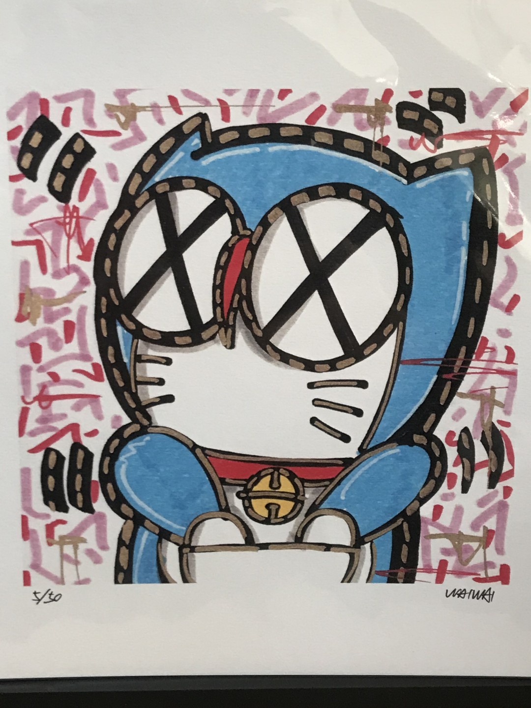 零元拍：歪歪亲笔签名 OWSON系列插画复制画《哆啦A梦》，尺寸约22/22厘米，拍品不含镜框