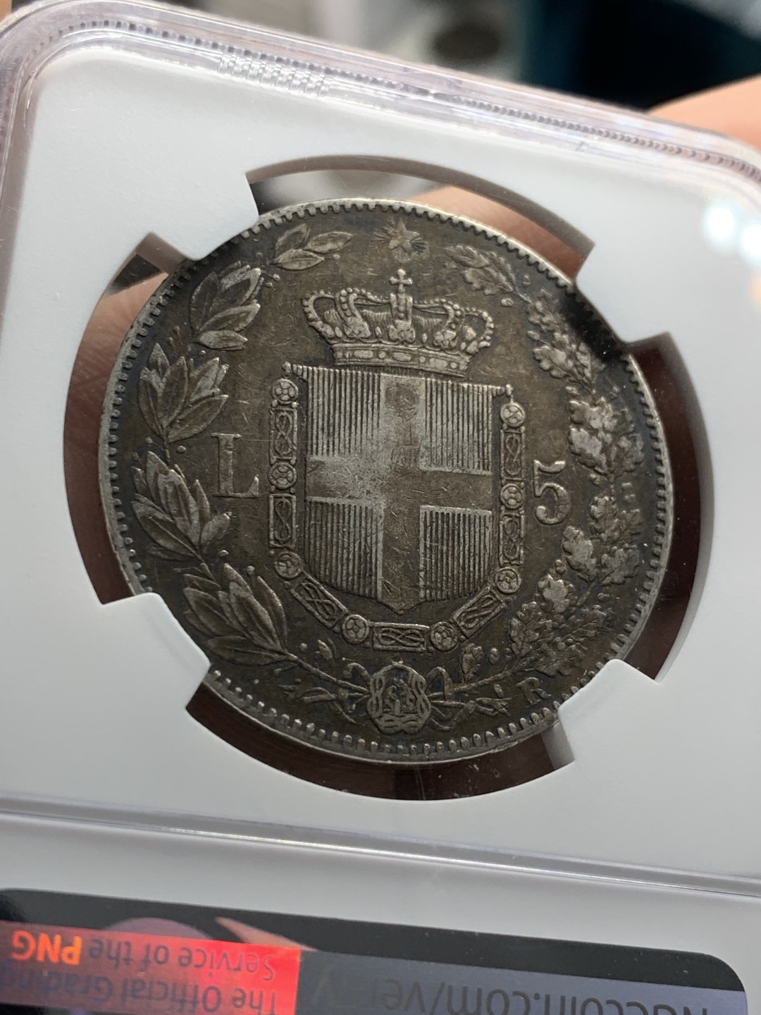 《竞宝斋》第37场-周日 首场自动拍卖 2件或者满200包顺丰 NGC XF45 原味 意大利 翁贝托 1879年 5里拉银币