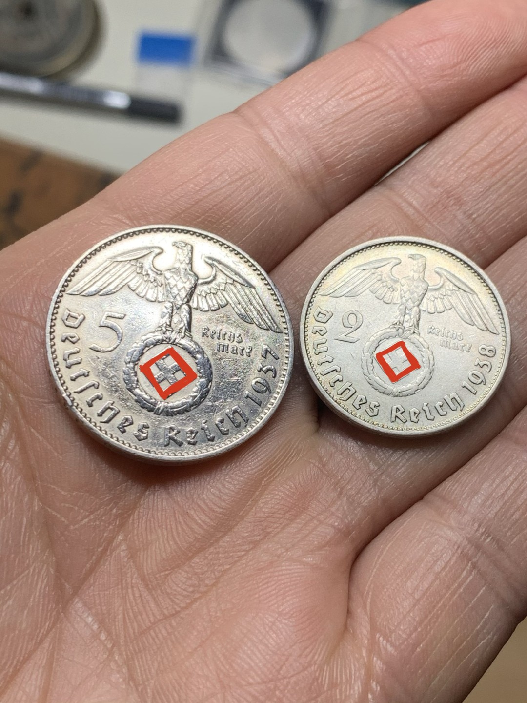 《竞宝斋》第36场-本周日 （全场顺丰包邮） （两枚一组）德国兴登堡2马克（1938年）、5马克（1937年）