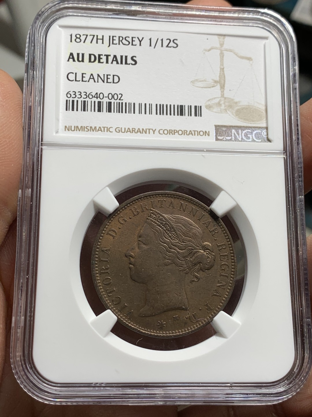 《竞宝斋》第36场-本周日 （全场顺丰包邮） AUDETAILS 英属泽西 1877年H 1/12先令 整体略带铜光！