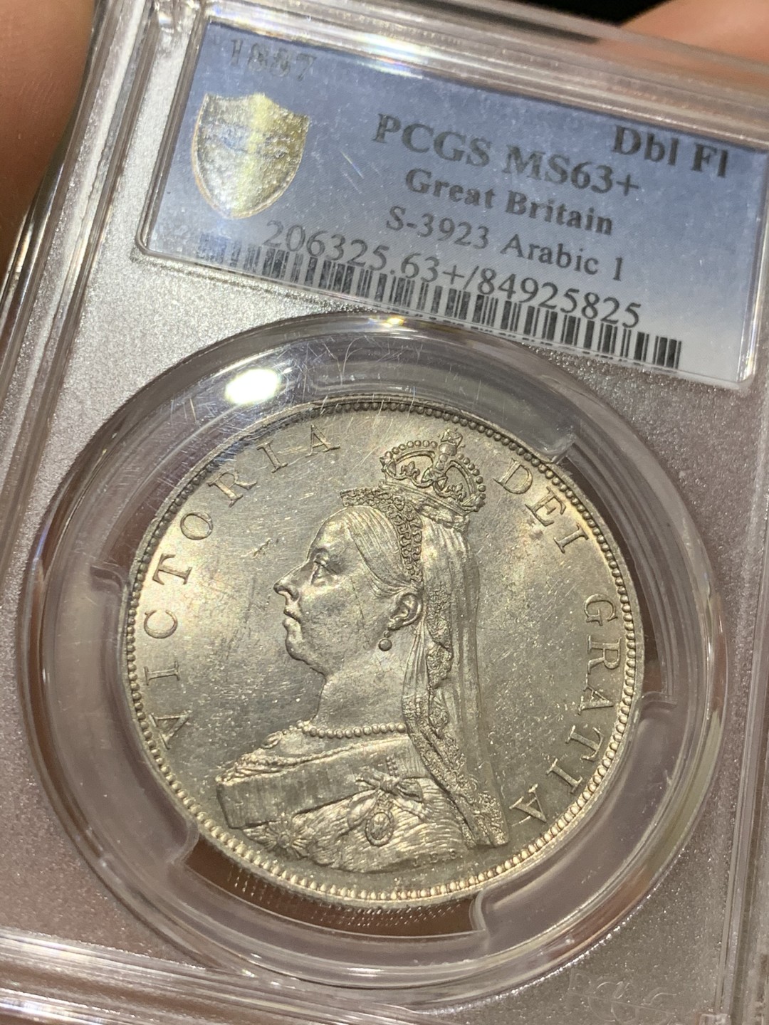 《竞宝斋》第36场-本周日 （全场顺丰包邮） PCGS-MS63+ 英国1887年维多利亚高冠双弗洛林