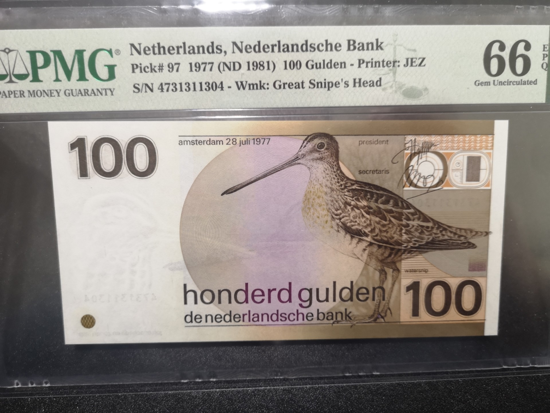 《外钞收藏家》第一百六十九期拍卖（本期65件） 1977年荷兰100盾 PMG66 水鸟