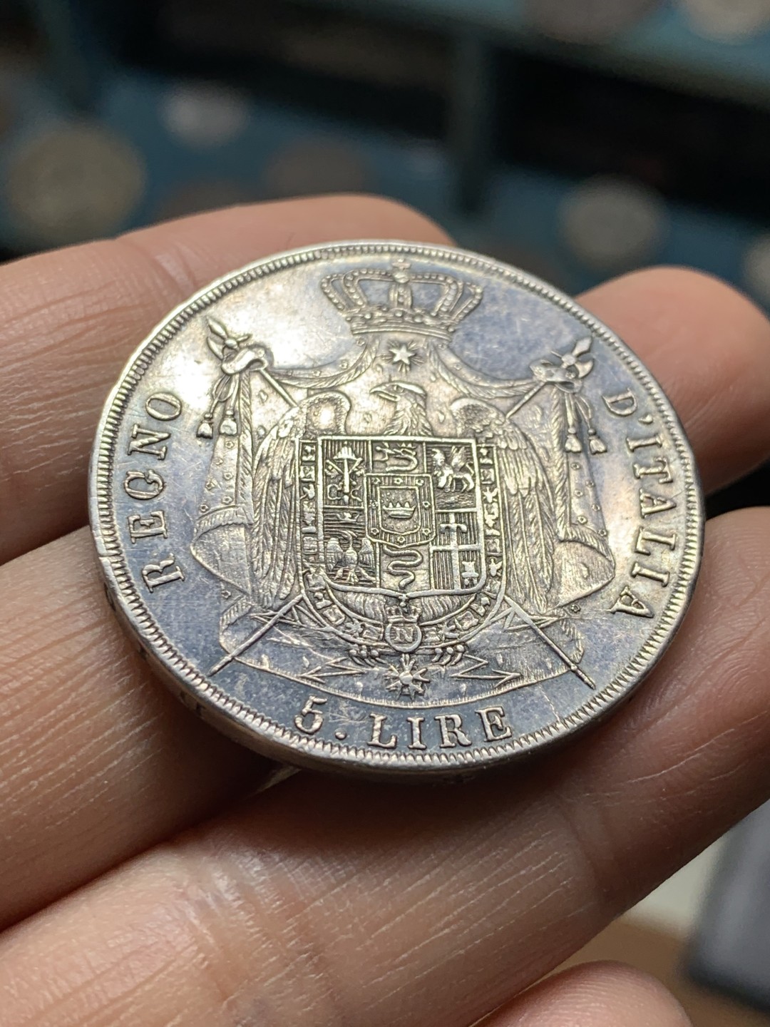 《竞宝斋》第36场-本周日 （全场顺丰包邮） 1812年 拿破仑一世 法占意大利5里拉银币    稀少au好品相   