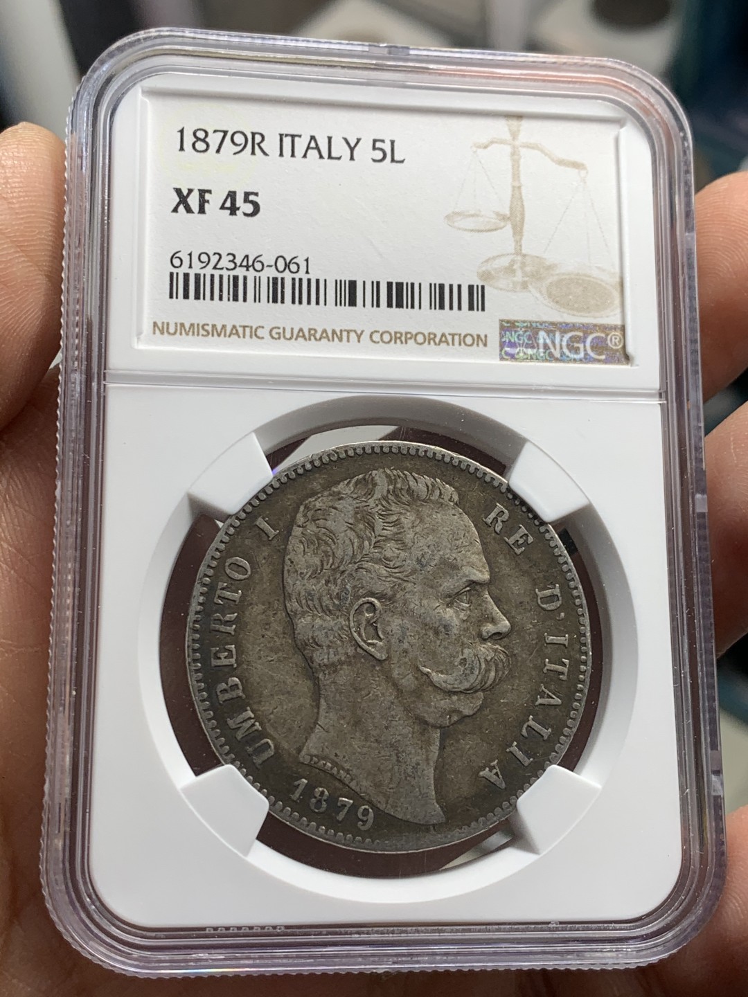 《竞宝斋》第37场-周日 首场自动拍卖 2件或者满200包顺丰 NGC XF45 原味 意大利 翁贝托 1879年 5里拉银币