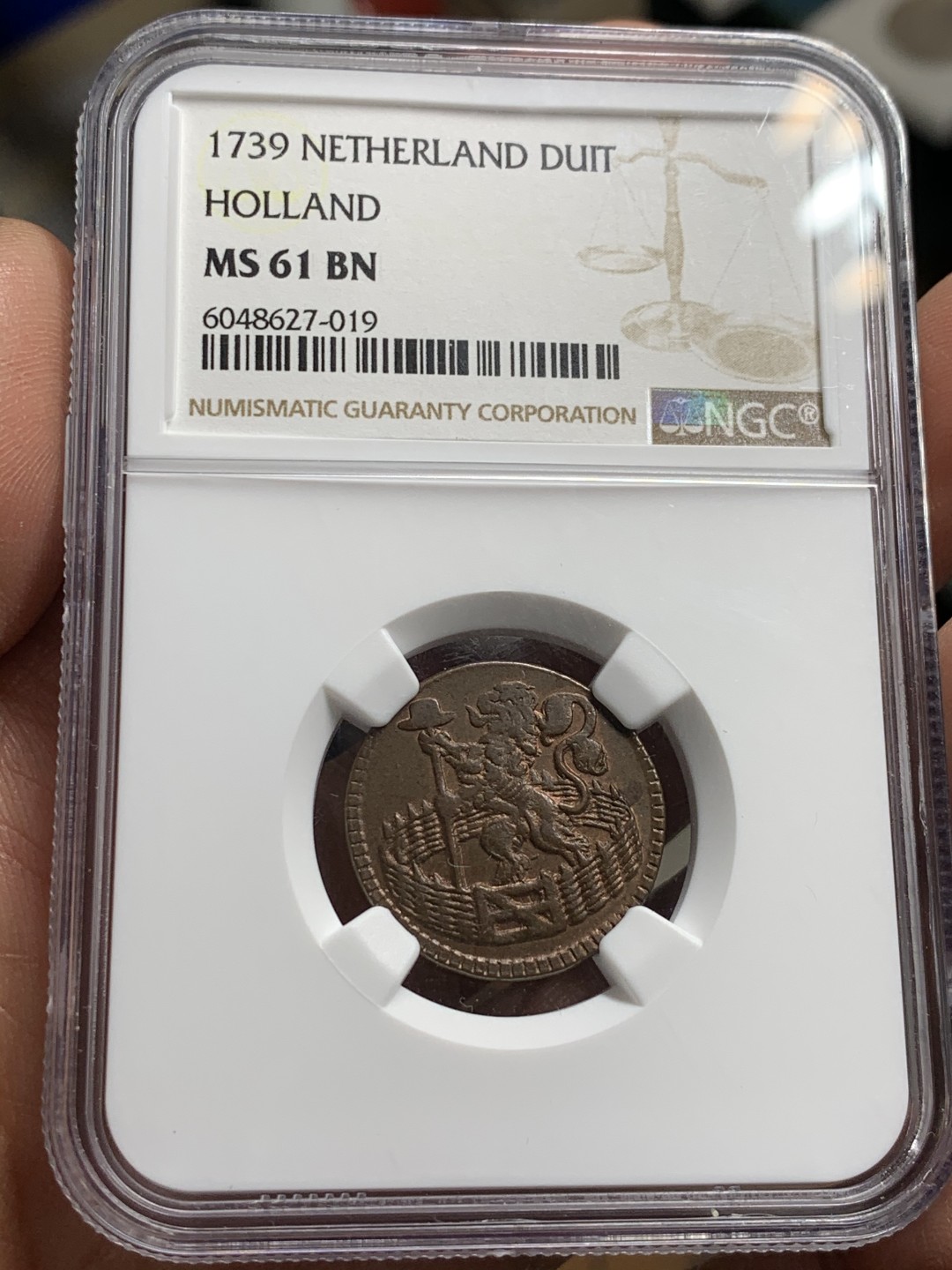 《竞宝斋》第36场-本周日 （全场顺丰包邮） NGC-MS61BN  荷兰1739年DUIT 季军分  铜币