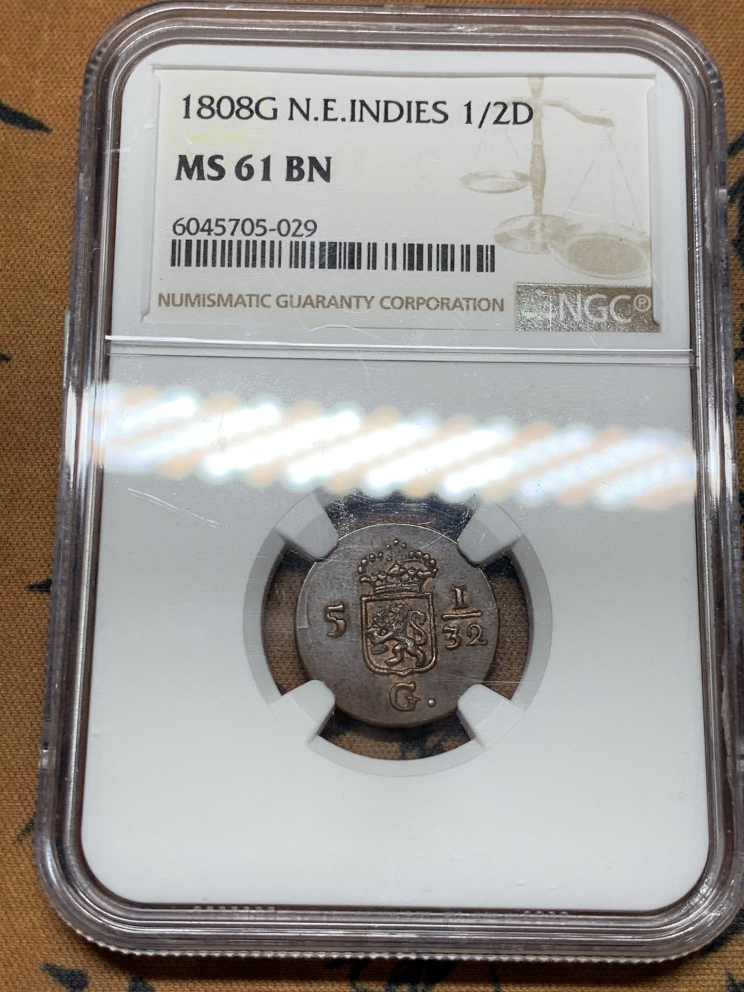 《竞宝斋》第36场-本周日 （全场顺丰包邮） NGC-MS 61BN 荷属东印度1808年1/2 DUIT 铜币