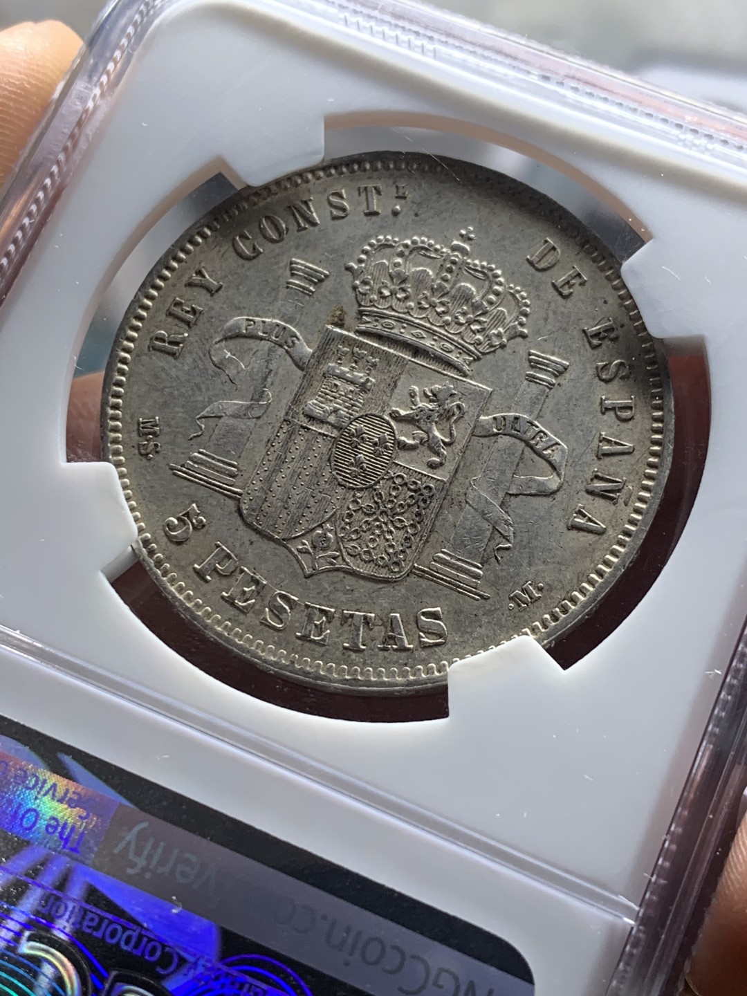 《竞宝斋》第36场-本周日 （全场顺丰包邮） NGC-AU55 西班牙双柱阿方索十三世1885年 5P 大银币 老精细品种 有分难得 