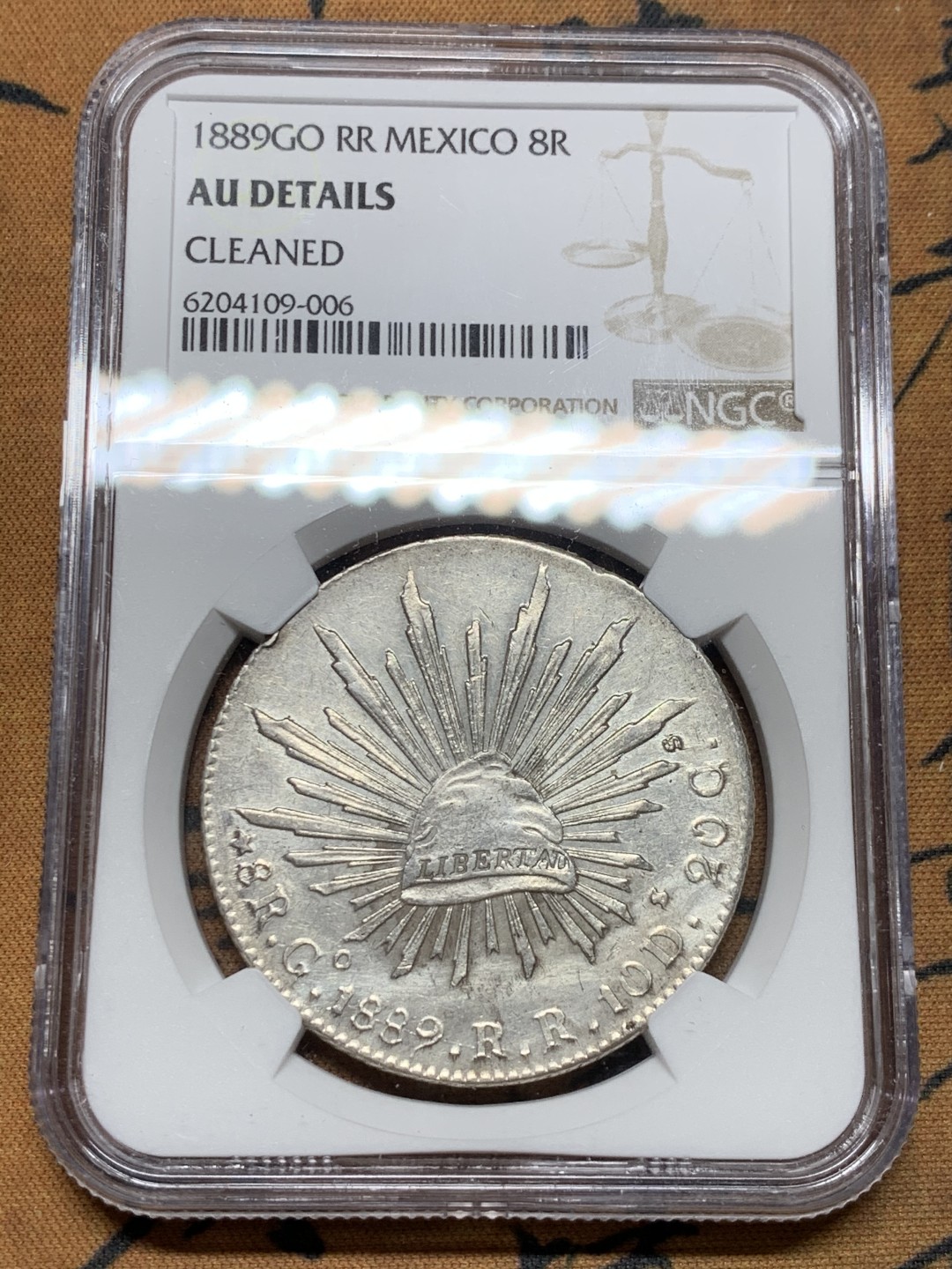 《竞宝斋》第36场-本周日 （全场顺丰包邮） NGC-AUD 1889 墨西哥鹰洋 8 里亚尔 瓜纳华托厂 银币 原味淡光 