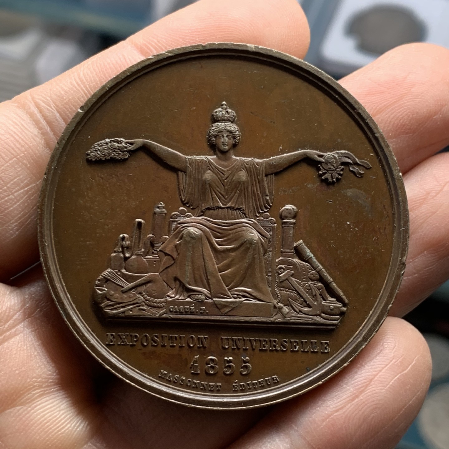 《竞宝斋》第37场-周日 首场自动拍卖 2件或者满200包顺丰 法国1855年世博会纪念女神头像高浮雕大铜章