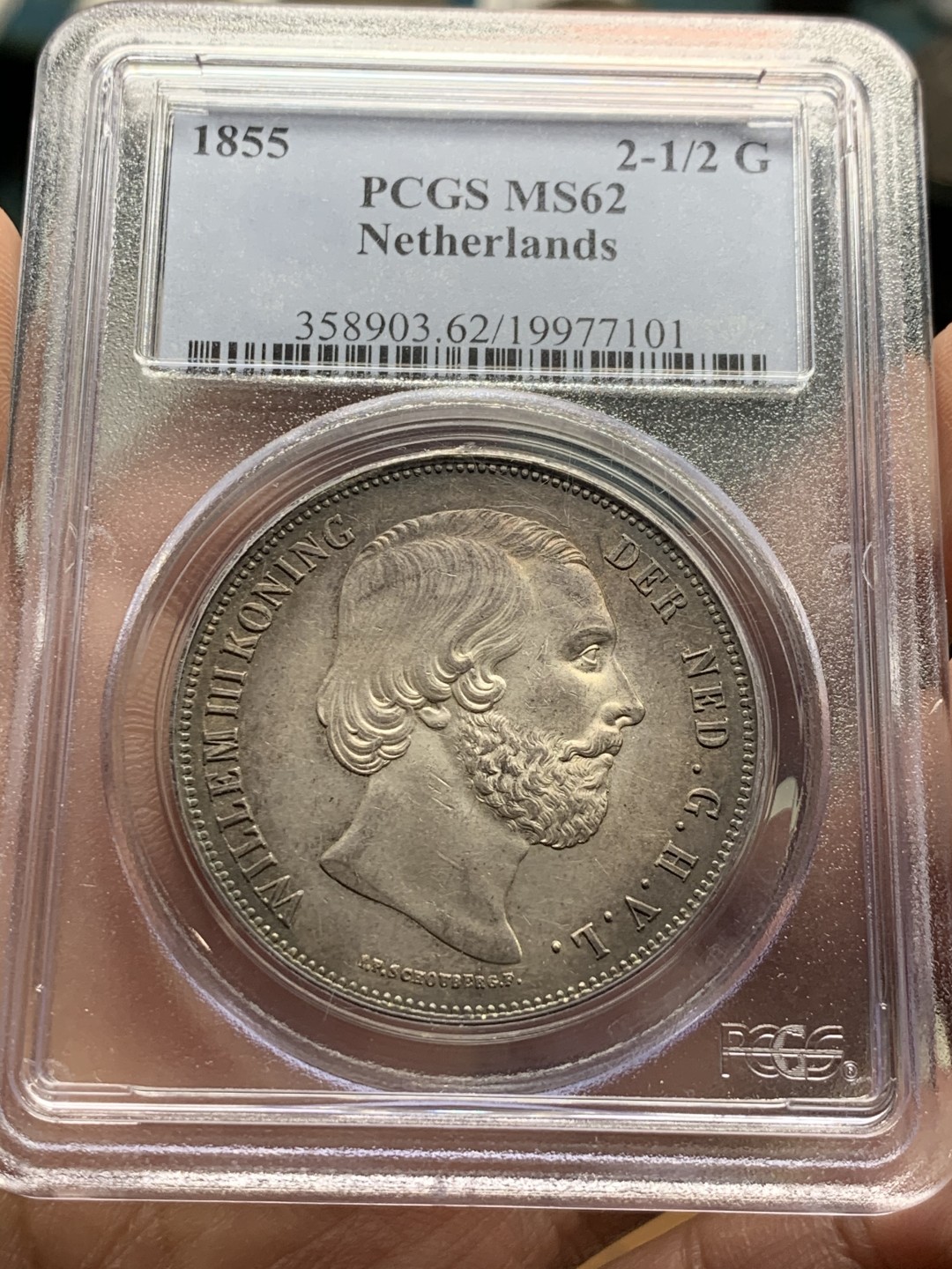 《竞宝斋》第36场-本周日 （全场顺丰包邮） PCGS-MS62 荷兰 1855年 威廉三世2.5盾银币 大特年 NP唯一冠军！唯一MS！经典欧洲包浆 老P盒