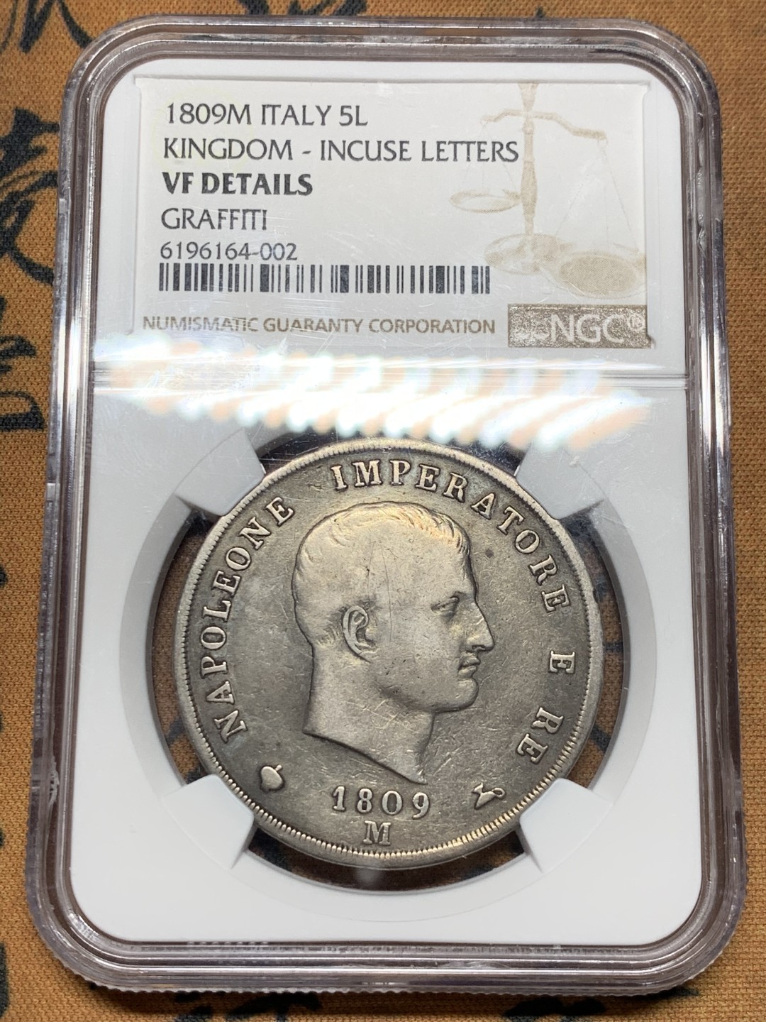 《竞宝斋》第36场-本周日 （全场顺丰包邮） NGC-VF 意大利 1809年 拿破仑一世 法占意大利5里拉银币 老包浆稀少品种