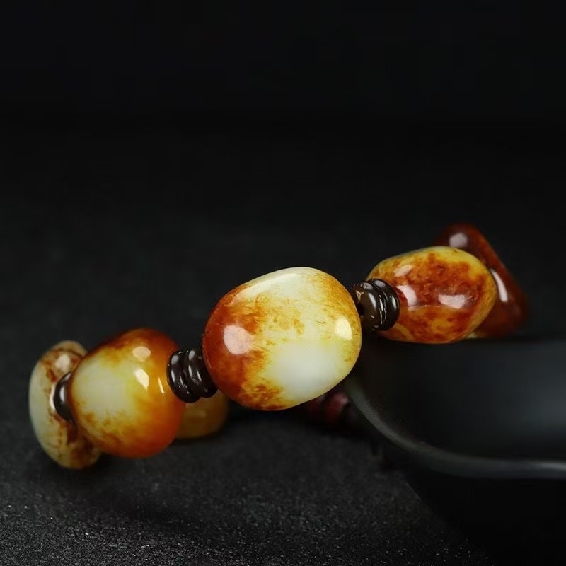 新疆天然玉籽料原石手串手链原石原皮手串男女款红皮羊脂籽玉手串
