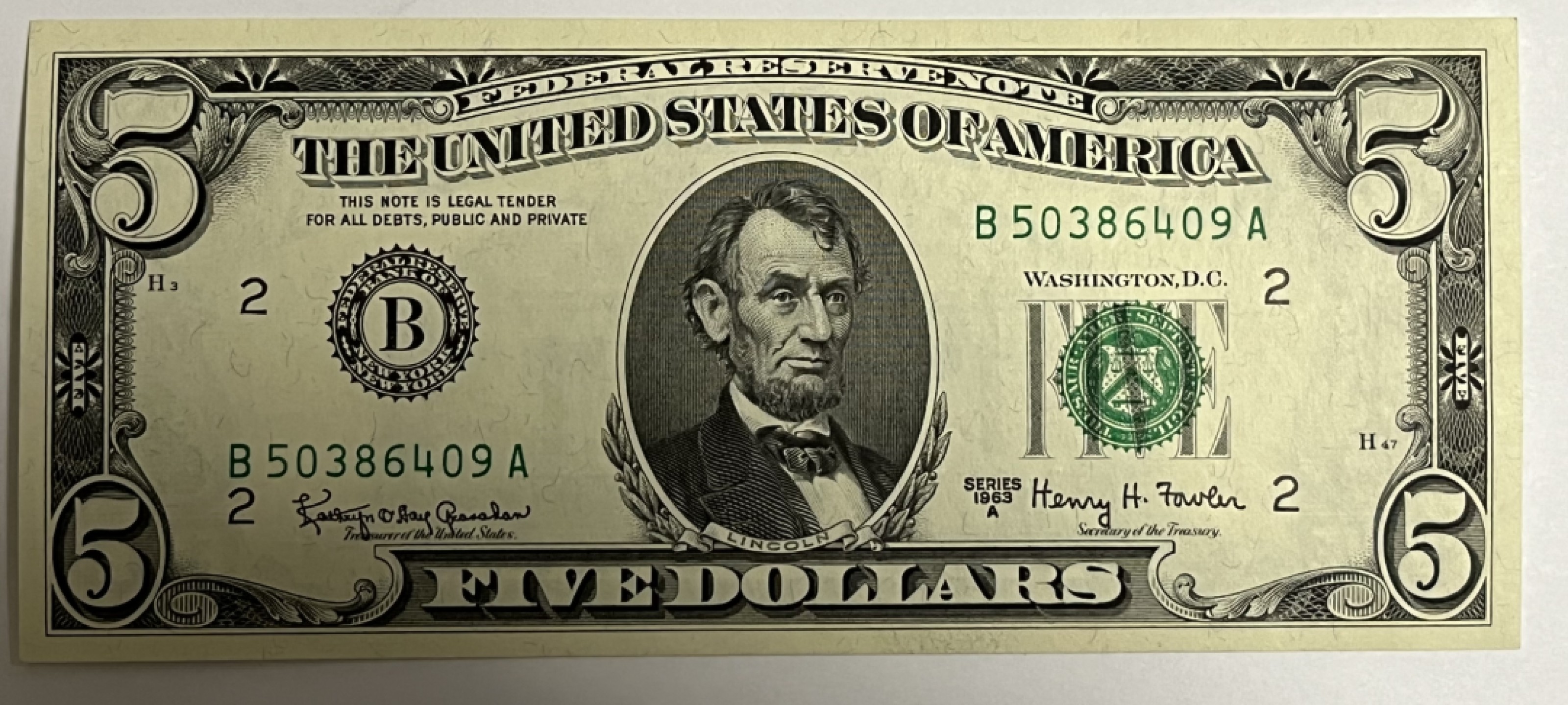 Chase Auction（得物拍卖）第3期 - - 中外纸币、硬币、银币联拍  1963A版 5美元 联邦储备券 （区别于1963正版 稀少版别） UNC全新 