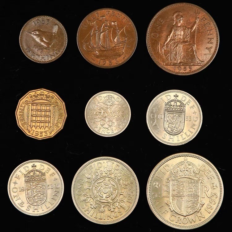 精品套币专拍场 英国1953年女王首年分9枚套币 全新UNC