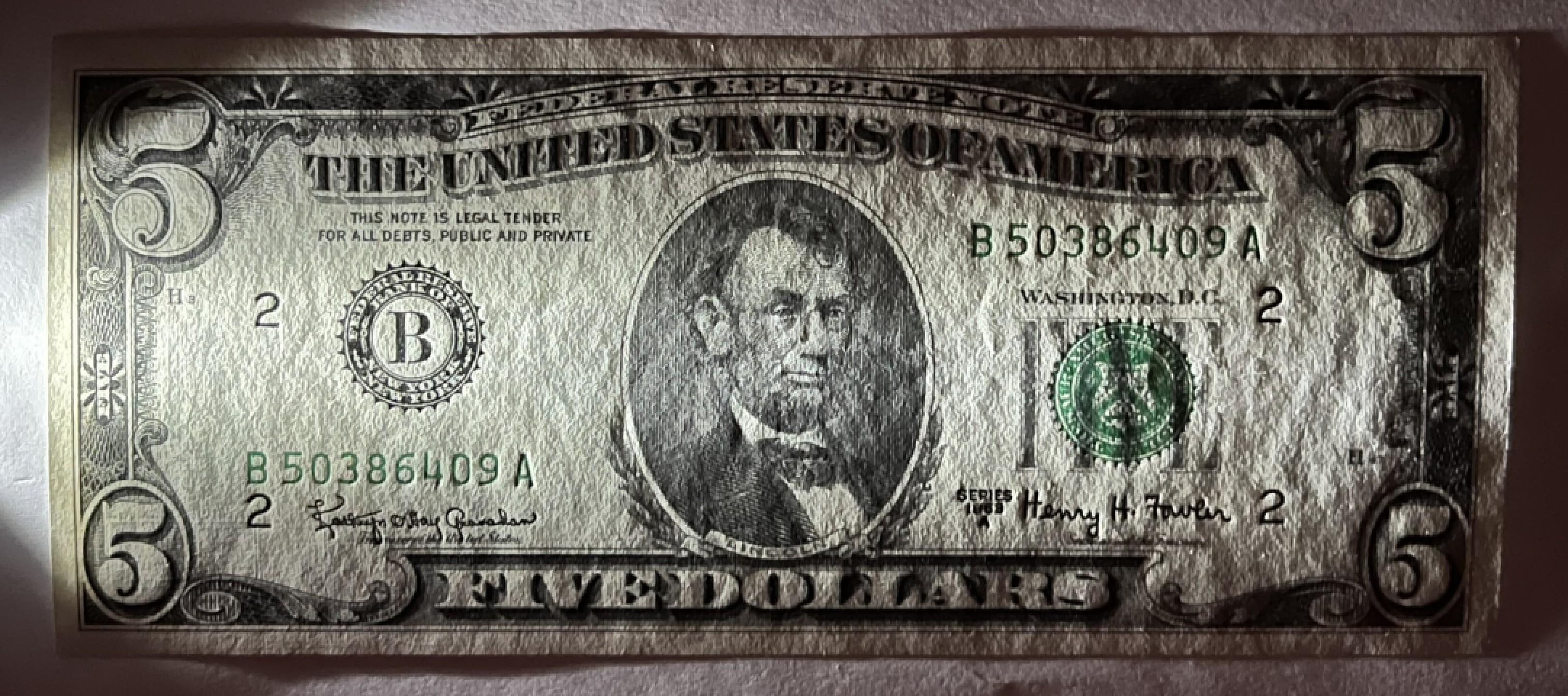 Chase Auction（得物拍卖）第3期 - - 中外纸币、硬币、银币联拍  1963A版 5美元 联邦储备券 （区别于1963正版 稀少版别） UNC全新 