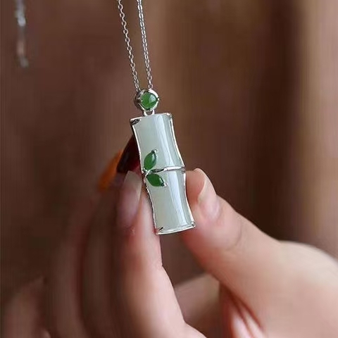 天然玉白玉绿叶竹节S925纯银吊坠节节高玉石玉坠复古银饰项链