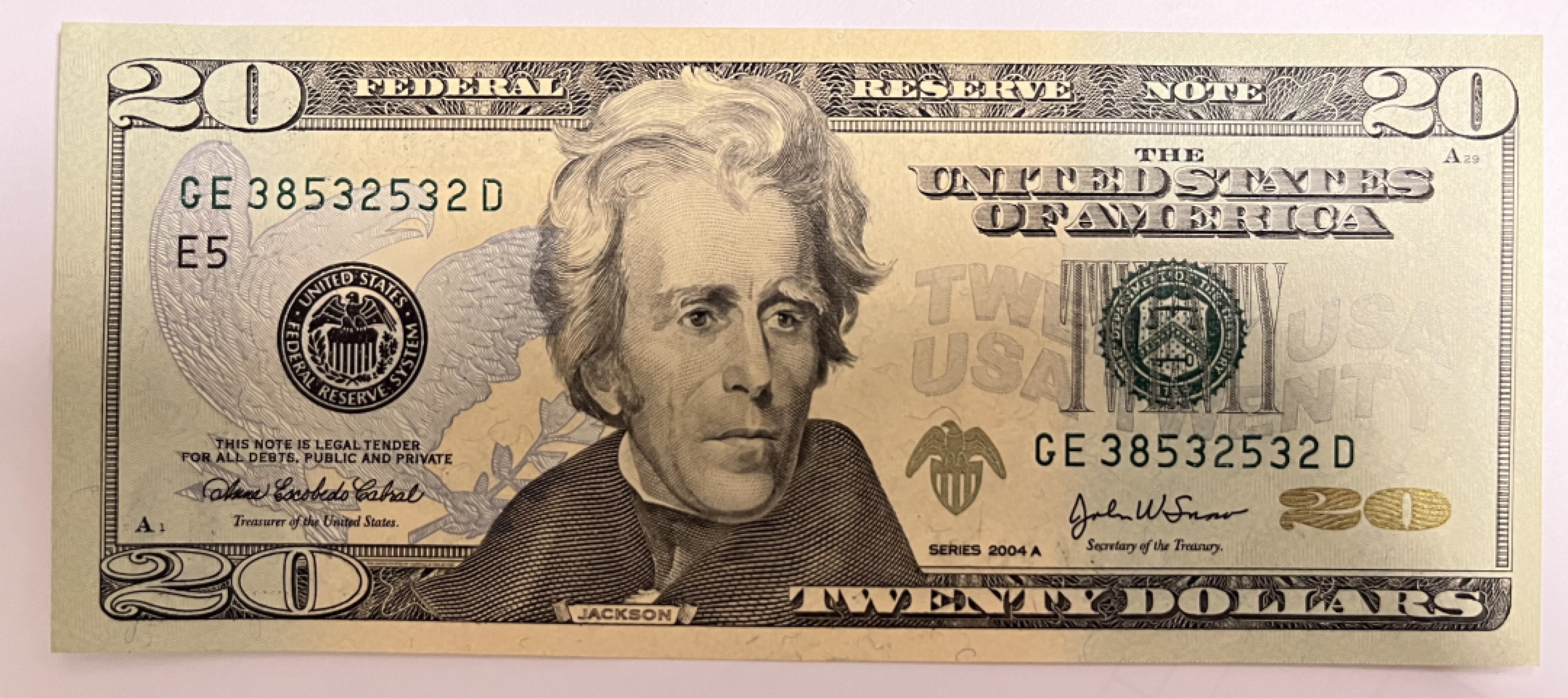 Chase Auction（得物拍卖）第3期 - - 中外纸币、硬币、银币联拍  2004A版 20美元 联邦储备券 （区别于2004正版 稀少版别） UNC全新。正面美国第7任总统，安德鲁杰克逊，背面为白宫！
