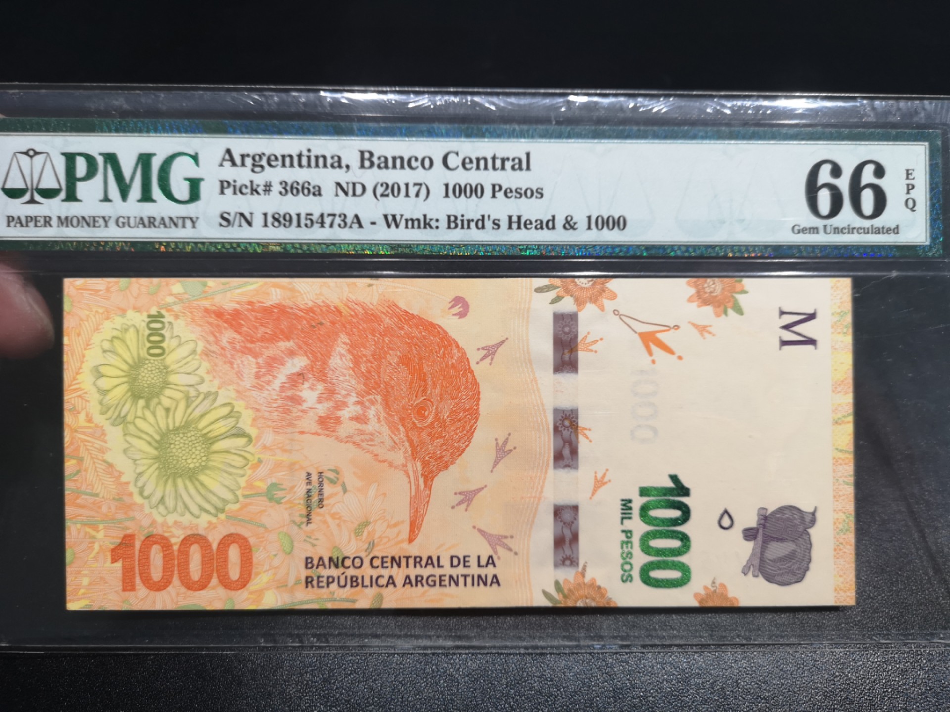 《外钞收藏家》第一百六十九期拍卖（本期65件） 阿根廷2017年1000比索 A冠小号 PMG66