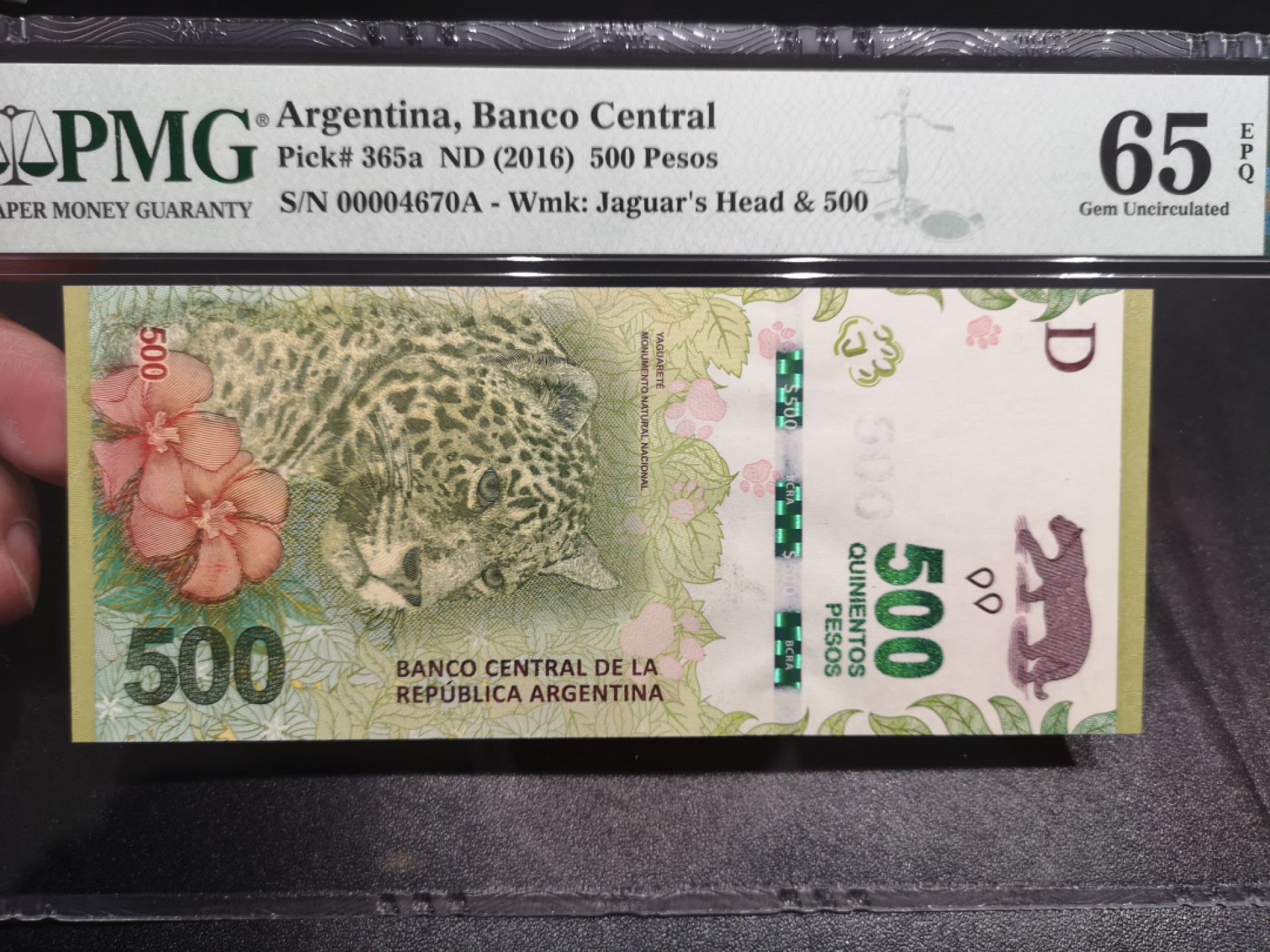 《外钞收藏家》第一百六十九期拍卖（本期65件） 阿根廷2016年500比索 A冠小号 PMG65