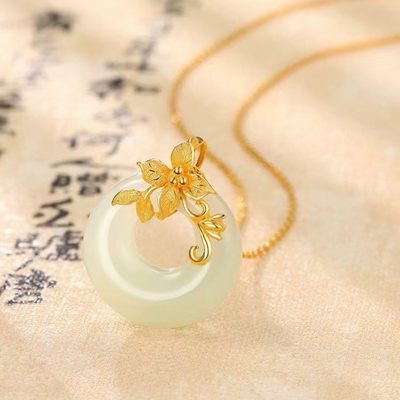 石玉项链吊坠925银镶玉女款花枝玉翠大气项坠气质锁骨链 - 石玉项链吊坠925银镶玉女款花枝玉翠大气项坠气质锁骨链