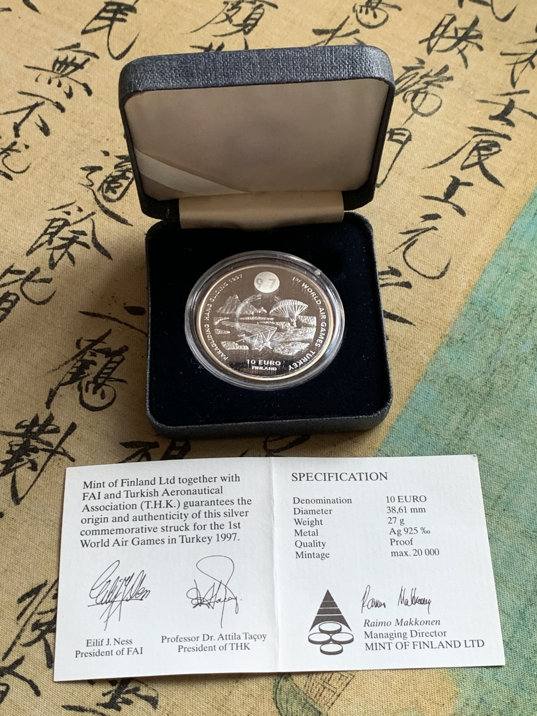 《竞宝斋》第37场-周日 首场自动拍卖 2件或者满200包顺丰 原盒证书 芬兰 1997年 首届土耳其世界航空运动 10欧元精制大银币27克