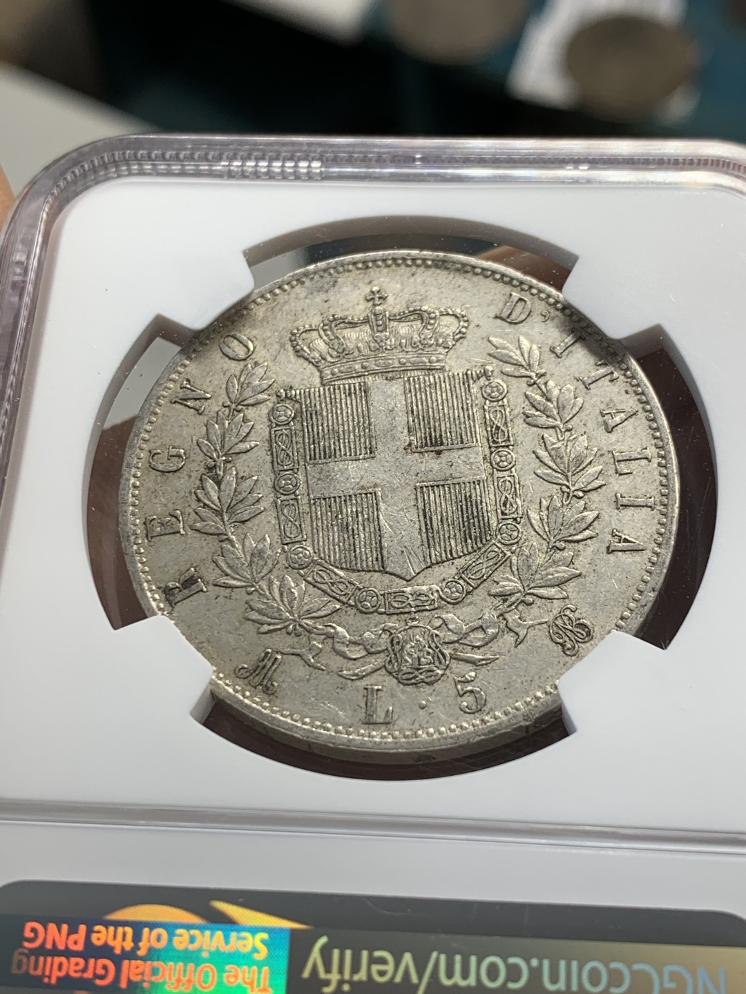 《竞宝斋》第37场-周日 首场自动拍卖 2件或者满200包顺丰 NGC AU58 意大利 1869年 5里拉银币 SBP 本周刚成交价220刀