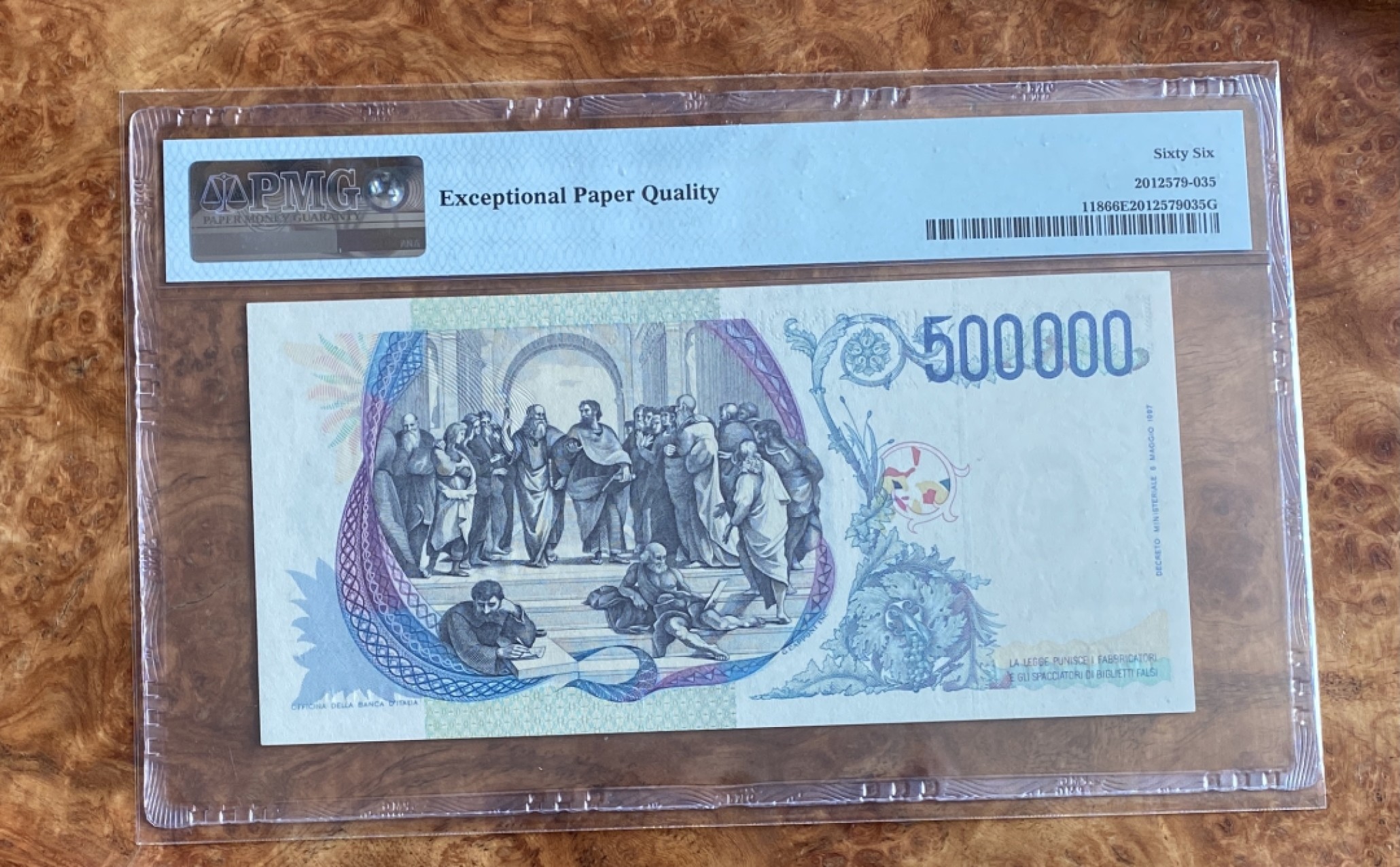 Chase Auction（得物拍卖）第3期 - - 中外纸币、硬币、银币联拍 1997年意大利500000里拉，PMG66分，正面：拉斐尔！背面：名画雅典学园！