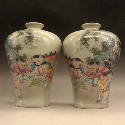 同治粉彩婴戏吉祥梅瓶古瓷器做旧老货收藏古玩玄关家居摆件一对 同治粉彩婴戏吉祥梅瓶古瓷器做旧老货收藏古玩玄关家居摆件一对