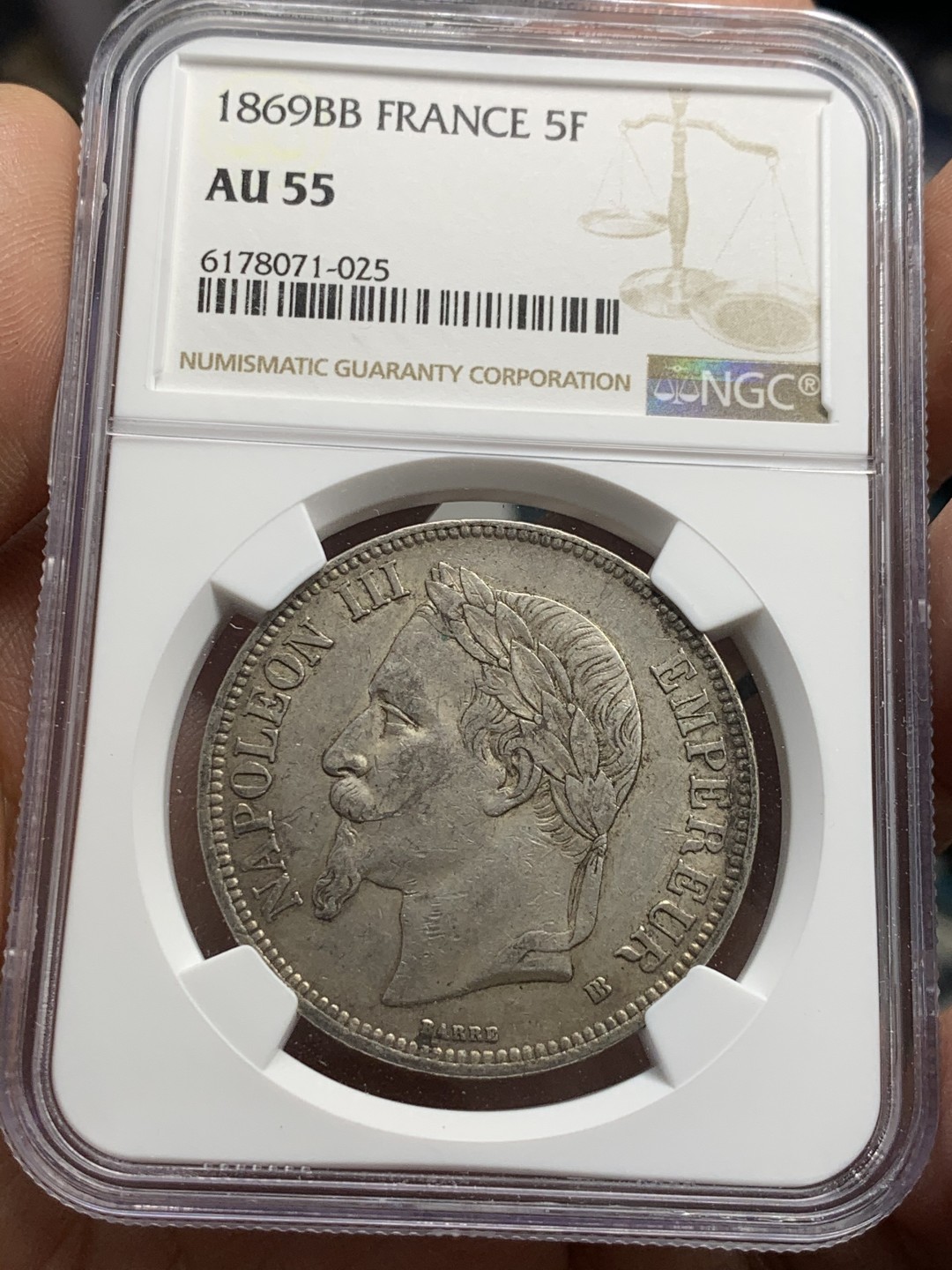 《竞宝斋》第37场-周日 首场自动拍卖 2件或者满200包顺丰 NGC AU55 原味好细节 法国 1869年 拿三 5法郎银币