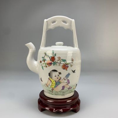 光绪年间古瓷器 粉彩榴开百子图水桶壶 古董古玩 家居装饰摆件 - 光绪年间古瓷器 粉彩榴开百子图水桶壶 古董古玩 家居装饰摆件