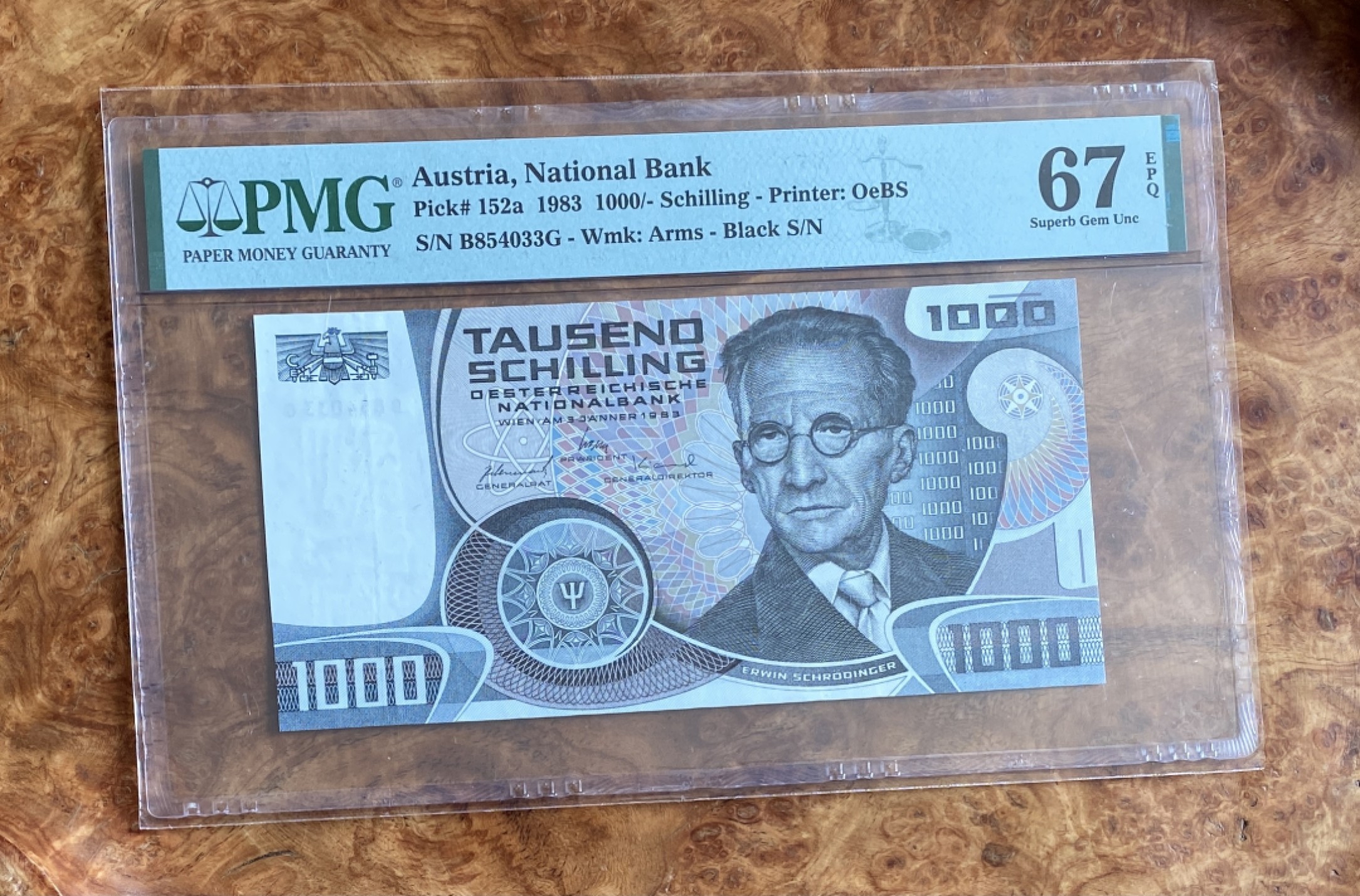Chase Auction（得物拍卖）第3期 - - 中外纸币、硬币、银币联拍 1983年奥地利1000先令，PMG67分，双面雕刻！正面：量子物理学家诺奖获得者薛定谔！背面维也纳大学！