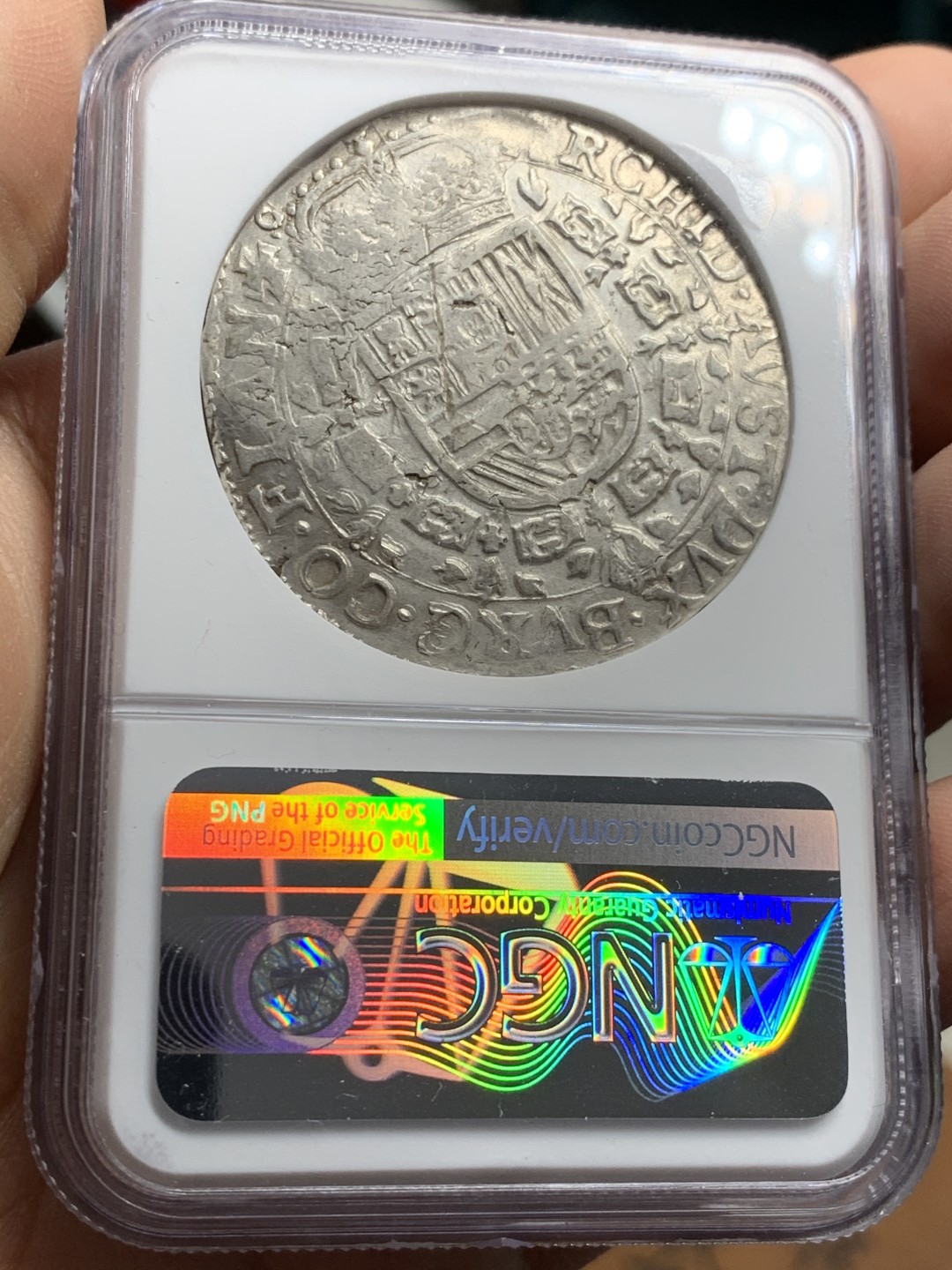 《竞宝斋》第37场-周日 首场自动拍卖 2件或者满200包顺丰 NGC评级 西属尼德兰-布拉邦特公国 1654年 1潘塔贡大银币 菲利普四世  此品种大多应用于应付尼德兰地区军饷支付，普遍存在各种缺陷