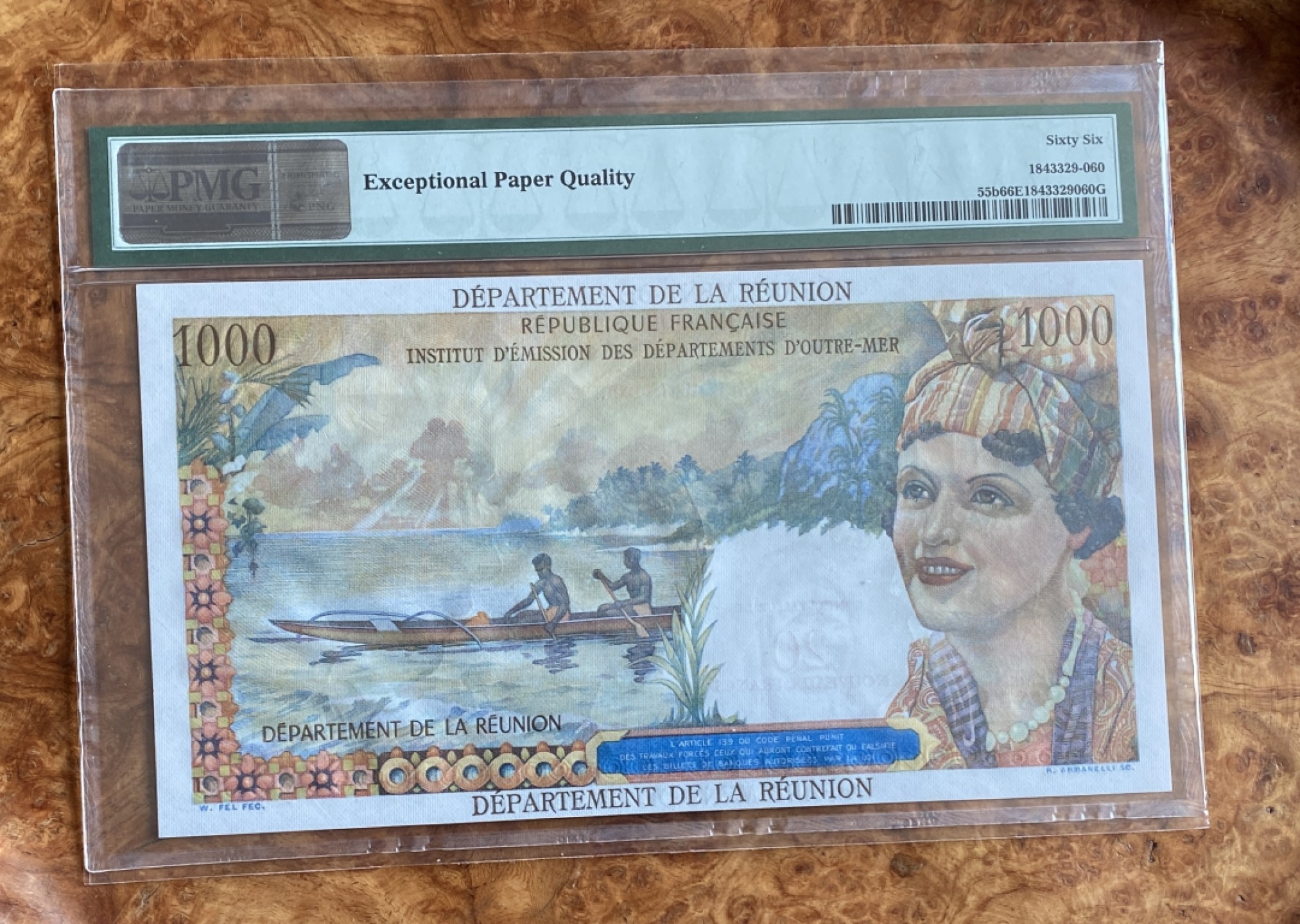 Chase Auction（得物拍卖）第3期 - - 中外纸币、硬币、银币联拍 1971年留尼汪20新法郎，1000法郎改值，PMG66分，经典法属！