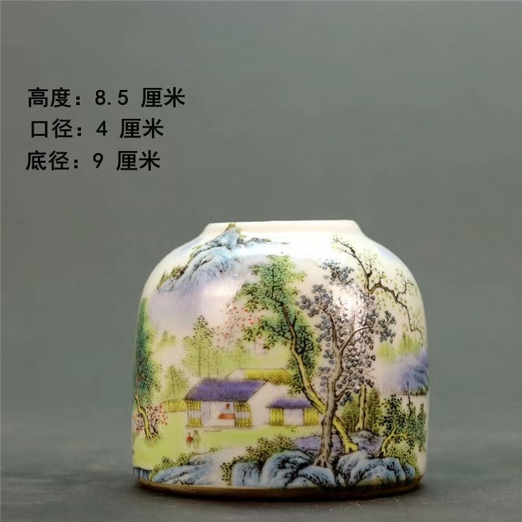 捡漏!清光绪年制粉彩山水人家马蹄罐  古瓷器古董古玩旧货收藏