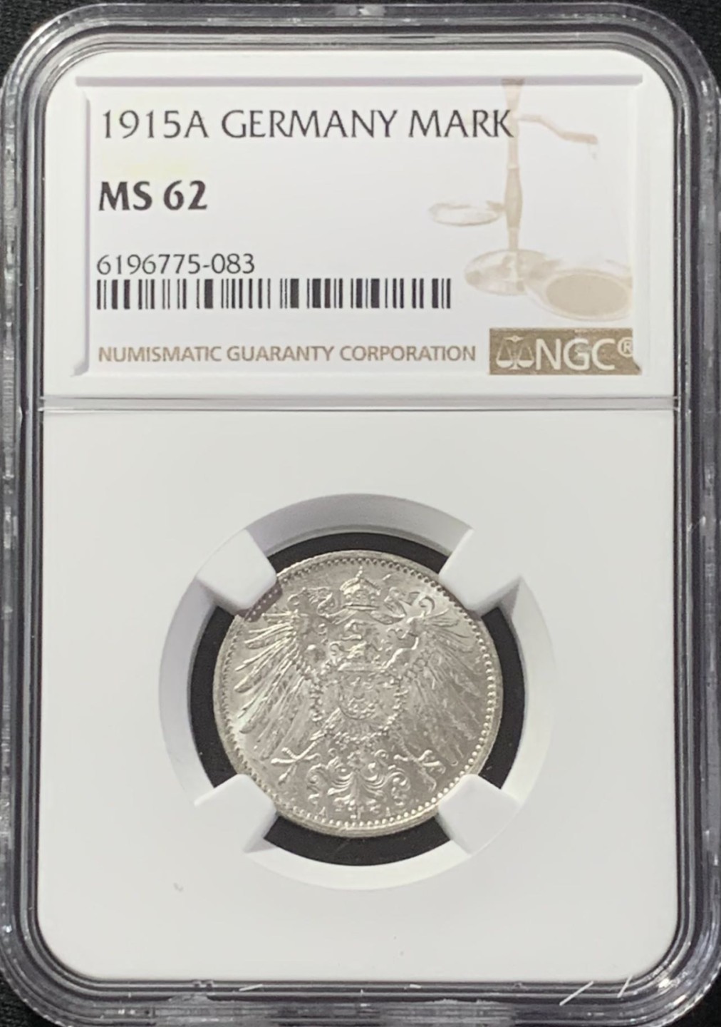 紫瑗钱币——第210期拍卖 德国 1915年 A版 第二帝国 长翅 1马克 银币 NGC MS62