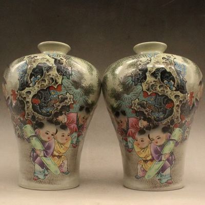 同治粉彩婴戏吉祥梅瓶古瓷器做旧老货收藏古玩玄关家居摆件一对 - 同治粉彩婴戏吉祥梅瓶古瓷器做旧老货收藏古玩玄关家居摆件一对