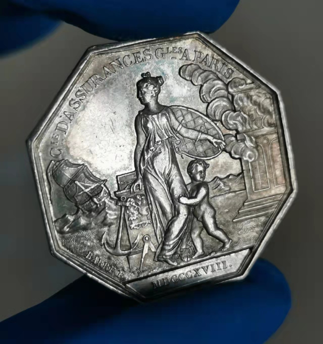 瓶子🏺第28期拍卖会 法国19世纪路易十八商业保险JETON银质八角代币（五彩好品）