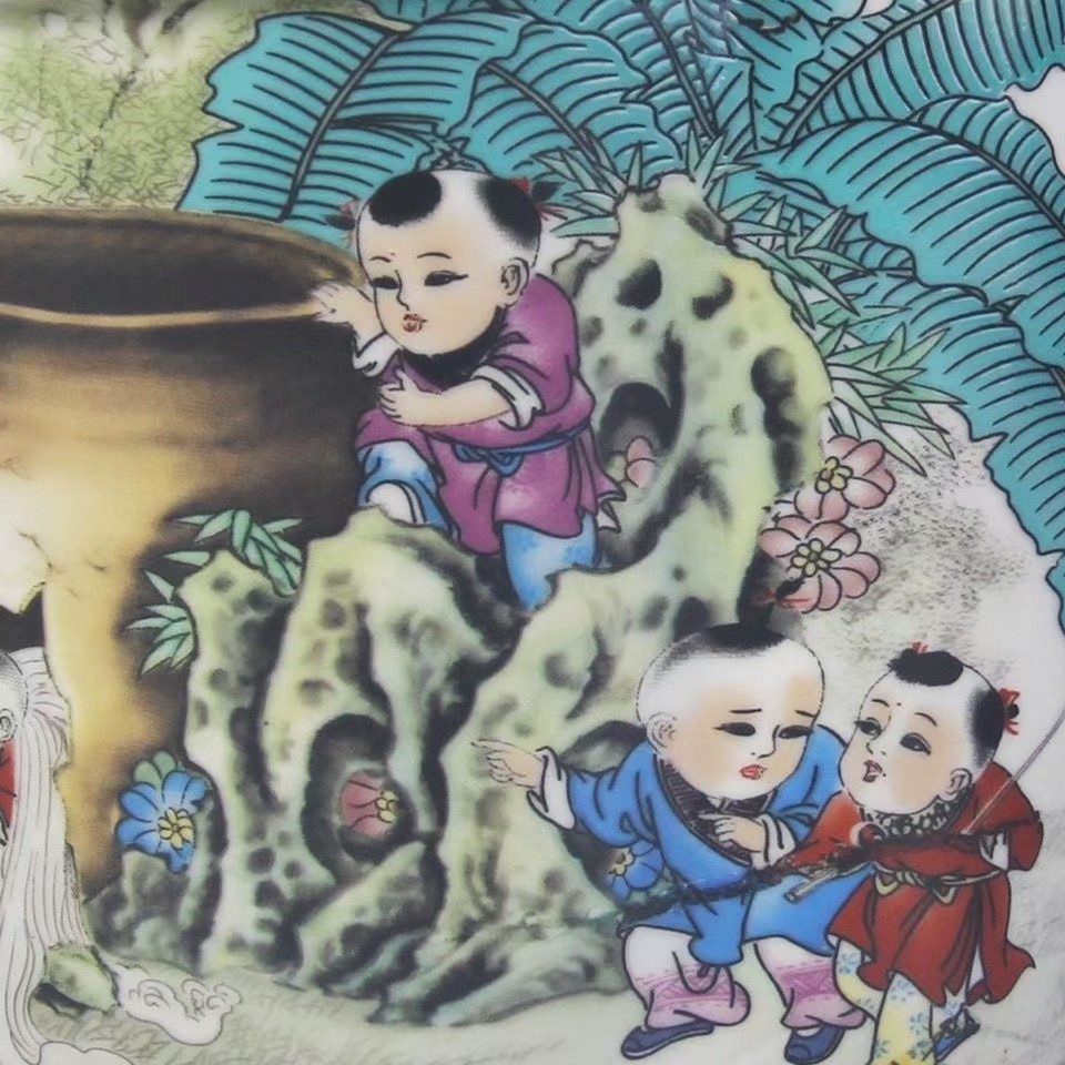 清乾隆治粉彩童子砸缸多肉花盆瓷器旧货古玩收藏古家居中式摆件