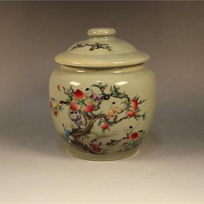 清同治款粉彩九子攀桃盖罐茶叶罐古玩古董古瓷器库存老物件 - 清同治款粉彩九子攀桃盖罐茶叶罐古玩古董古瓷器库存老物件