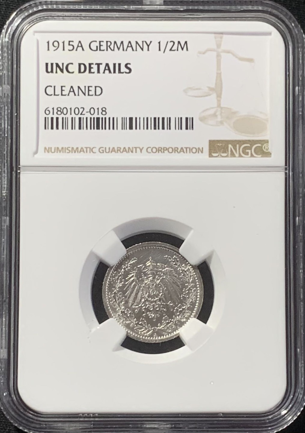 紫瑗钱币——第207期拍卖 德国 1915年 A版 第二帝国 1/2马克 银币 NGC UNC Detail