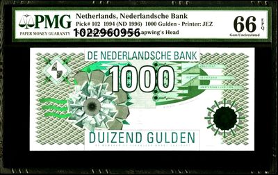【Blue Auction】✨世界纸币精拍第164期——经典大齿轮（共85拍） - 【升值品种 无47】荷兰 1994年1000盾 最高值 经典大齿轮 PMG66EPQ 实物号码1022960956