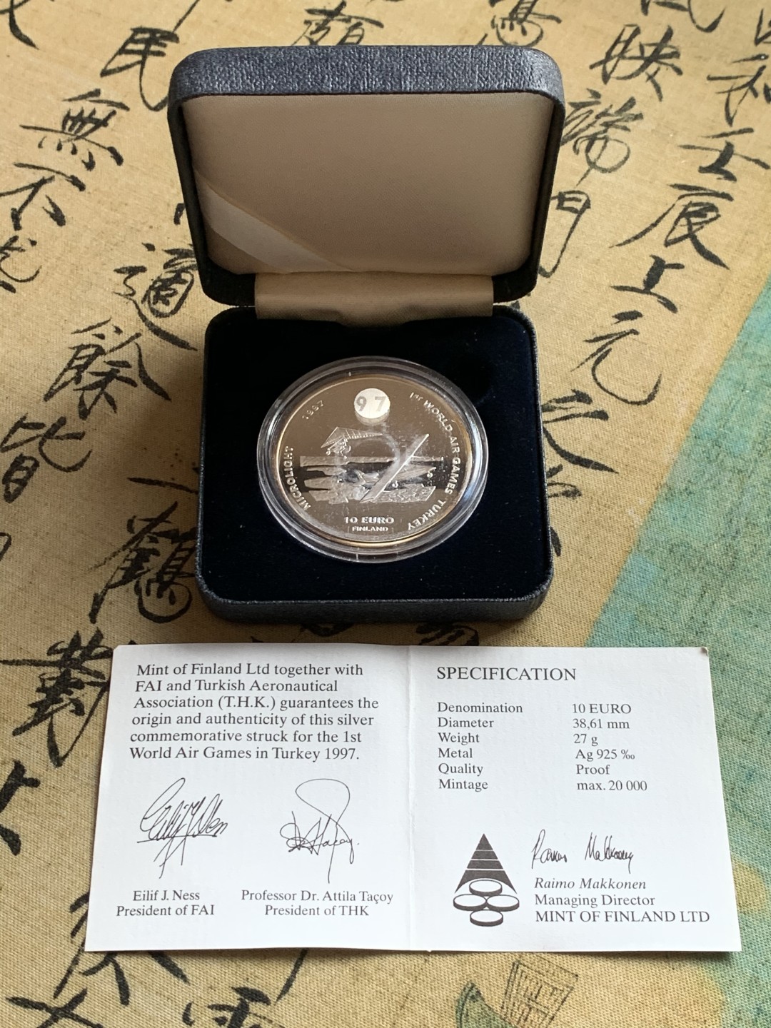 《竞宝斋》第37场-周日 首场自动拍卖 2件或者满200包顺丰 原盒证书 芬兰 1997年 首届土耳其世界航空运动 10欧元精制大银币27克