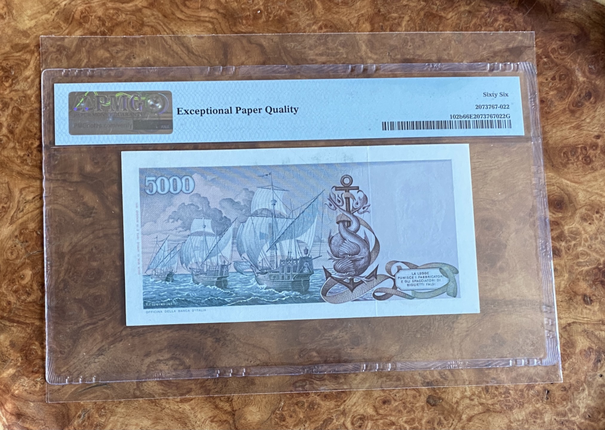 Chase Auction（得物拍卖）第3期 - - 中外纸币、硬币、银币联拍 1973年意大利5000里拉，PMG66分，经典哥伦布！
