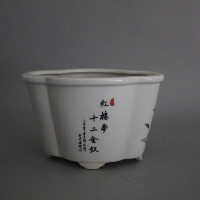 民国粉彩人物花口花盆民间收藏家居装饰花卉摆件古瓷器古董古玩