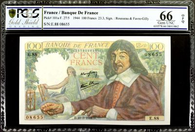 【Blue Auction】✨世界纸币精拍第164期——经典大齿轮（共85拍） - 【无47】法国 1944年100法郎 经典笛卡尔 设计精美 PCGS66EPQ 绝品 与PMG66的同刀