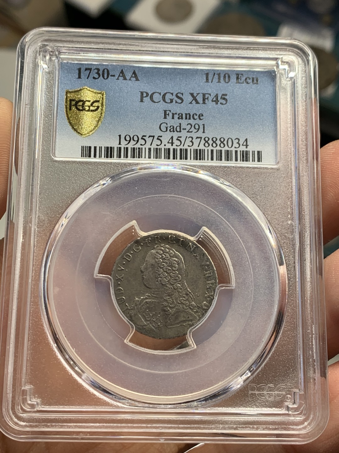 《竞宝斋》第37场-周日 首场自动拍卖 2件或者满200包顺丰 PCGS XF45 稀少 黑彩包浆 法国1730AA 路易十五小孩头 1/10埃居银币