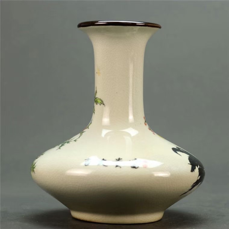 (乾隆粉彩)大吉大利公鸡纹扁花瓶 古董古玩瓷器复古摆件 工艺品